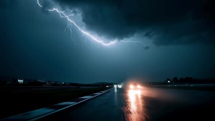 Poster - Performance sports car speeding down rain soaked racetrack while lightning dramatically illuminating dark, turbulent sky during intense nighttime racing moment