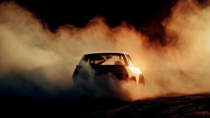 Poster - Powerful white rally car is drifting on a dirt road at night, creating a thick cloud of smoke that fills the air, illuminated by the car's headlights
