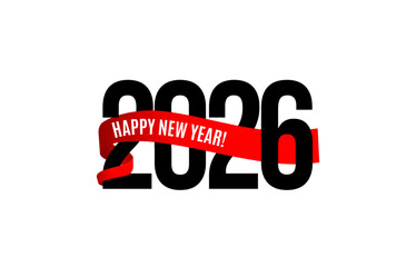 Poster - Bold 2026 Happy New Year Banner with Red Ribbon Wrapped Around Numbers. Perfect for Festive Greetings, Event Invitations, and Seasonal Holiday Cards. Vector Illustration.