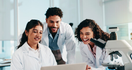 Aufkleber - Laptop, science and teamwork with people in laboratory for medical, gene therapy and research. Healthcare, stem cell innovation and organ growth study with group for collaboration and results
