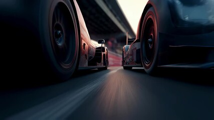 Poster - Competitive racing cars speeding closely beside each other on asphalt track during sunset, capturing intense motorsport rivalry and high energy performance