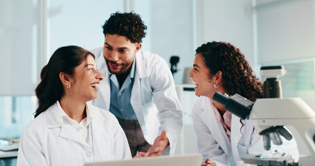 Aufkleber - Laptop, medical and laughing with people in laboratory for science, gene therapy and research. Healthcare, stem cell innovation and organ growth study with group for collaboration and results