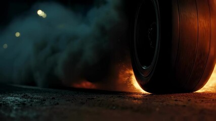 Poster - Intense heat and friction cause a one tire to emit smoke and sparks during a night race, creating a dramatic display of speed and performance