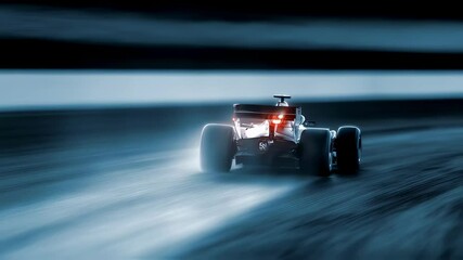 Poster - High performance one race car racing across illuminated nighttime racetrack, generating dynamic motion blur and showcasing intense velocity during competitive motorsport event