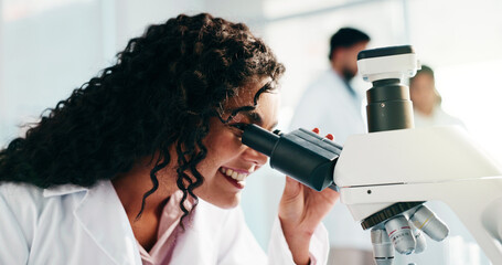 Aufkleber - Lab, scientist and woman with microscope, healthcare and equipment for drug development or analysis. Clinic, medical professional and person with tech for biotechnology, smile or research for disease