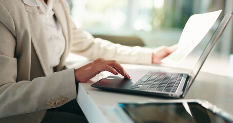 Poster - Hands, business woman and laptop with document for typing, comparison and accounting. Accountant, paperwork and person with technology for data entry, finance management and revenue growth in office