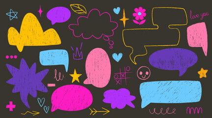 Poster - Bright crayon speech bubble set on dark bg - vibrant hand drawn chat boxes with textured marks. Colorful dialogue shapes with stars, hearts, flowers and doodles for message, social media conversation