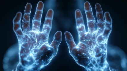 Poster - medical visualization revealing glowing human hands, illuminating intricate nervous system pathways 