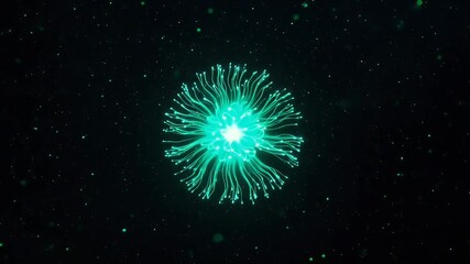 Wall Mural - Glowing green bioluminescent organism in dark, with radiating tendrils and scattered spots