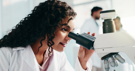 Aufkleber - Happy woman, scientist and microscope for medical research or forensic science at laboratory. Female person, healthcare worker or exam with smile for new study, results or breakthrough discovery