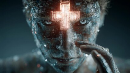 Poster - Complex digital circuits and glowing cross visualization appear on the face of an artistic individual, suggesting a genius syndrome or unique neurological condition