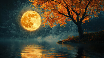 Wall Mural - Full moon as orange, a tree reflected on the water, beautiful scenery, golden leaves, a fantasy, a dreamy landscape 