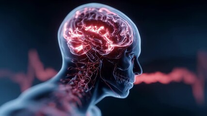 Poster - medical visualization displaying a transparent human head with glowing brain activity and nervous sy