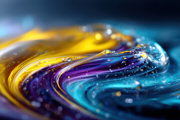Poster - Colorful abstract swirl of vibrant blue, purple, and gold hues with water droplets