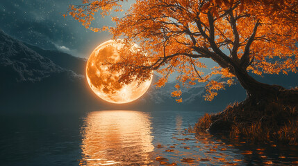 Sticker - Full moon as orange, a tree reflected on the water, beautiful scenery, golden leaves, a fantasy, a dreamy landscape 