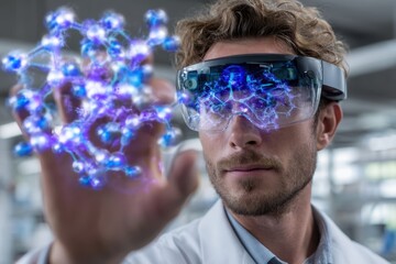 Poster - Scientist uses augmented reality glasses to interact with molecular structures in research lab