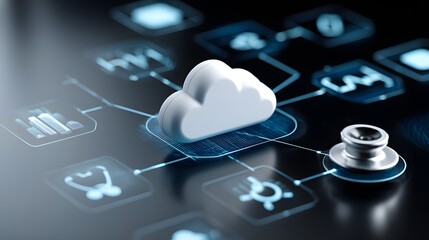 Poster - A conceptual representation of cloud computing in healthcare, featuring a cloud icon surrounded by health data symbols. The backdrop is sleek and modern, conveying the seamless integration of
