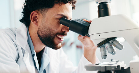 Aufkleber - Lab, scientist and man with microscope, study and analysis for drug development or cure for disease. Clinic, medical professional and person with tech for healthcare, pharmacologist and biotechnology