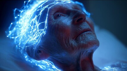 Poster - medical visualization depicts an elderly woman with a neural patch, glowing memory zones illuminatin