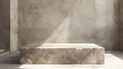 Poster - A marble podium stands in a room with textured walls casting shadows creating an elegant and modern presentation space