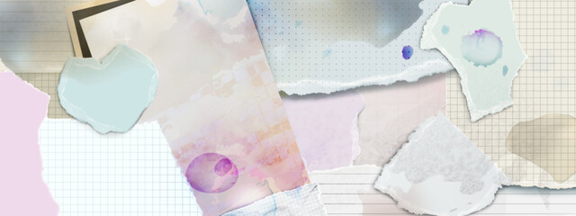 Poster - Funky paper collage with torn edges - pastel watercolor sheets, grid notebook pages, dotted patterns in blue, mint geometric shapes, scattered purple ink splashes for creative scrapbooking projects.