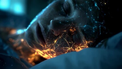 Poster - neural network activity glowing with orange and blue hues revealing intricate brain patterns during 