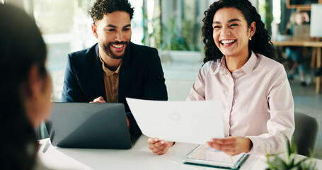 Poster - Happy people, review and meeting with documents in office for finance report, ideas and investment pitch. Feedback, smile and paper with team for profit growth, revenue results or financial proposal