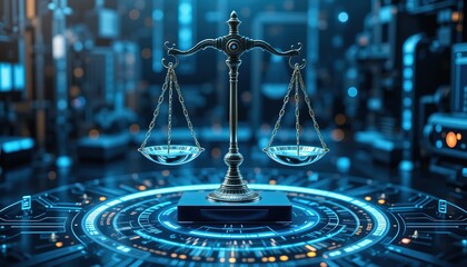 Fototapete - Digital balancing scale justice, fairness in modern technology environment. Holographic scales balance on illuminated datum background of AI circuitry, 32k resolution