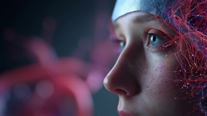 Poster - medical visualization shows a medical student wearing a surgical cap observing microscopic organisms