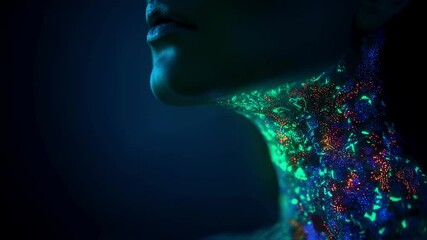 Poster - medical science visualization revealing strep throat bacteria glowing intensely on woman's neck, dep