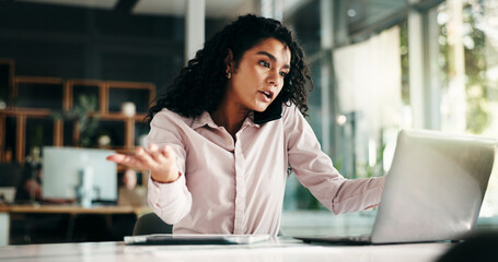 Poster - Phone call, laptop and negotiation with business woman in office for networking, schedule conflict and contact. Client appointment, multitask and plan with person as virtual consultant and research