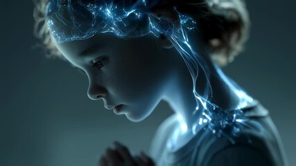 Poster - medical visualization of a praying child with glowing amygdala and limbic system, highlighting the c