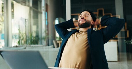 Poster - Smile, laptop and stretching with business man in office for negotiation closer, relax and success. Resting, client achievement and email good news with person in agency for calm and project