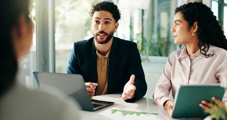 Aufkleber - Group, people and meeting with laptop in office for finance report, ideas and investment pitch. Man, explain and document with team for profit growth, revenue and chart results for financial proposal