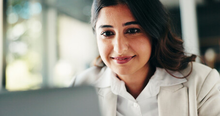 Poster - Reading, businesswoman and research on laptop for account management or finance report. Auditor, budget or accountant with technology or smile for taxes compliance, investment project or auditing