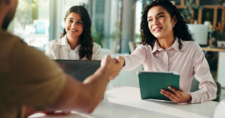 Poster - Happy, business people and meeting with handshake or tablet for deal, partnership or opportunity. Women, team or employees shaking hands with smile or technology for agreement, welcome or thank you