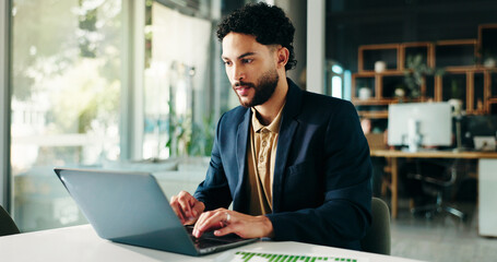 Poster - Laptop, research and businessman in office with graphs, charts or data for finance statistics. Computer, reading and male financial manager with profit, revenue or forecasting for investment planning