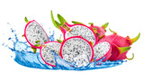 flying dragon fruit with splash water Isolated on White PNG background