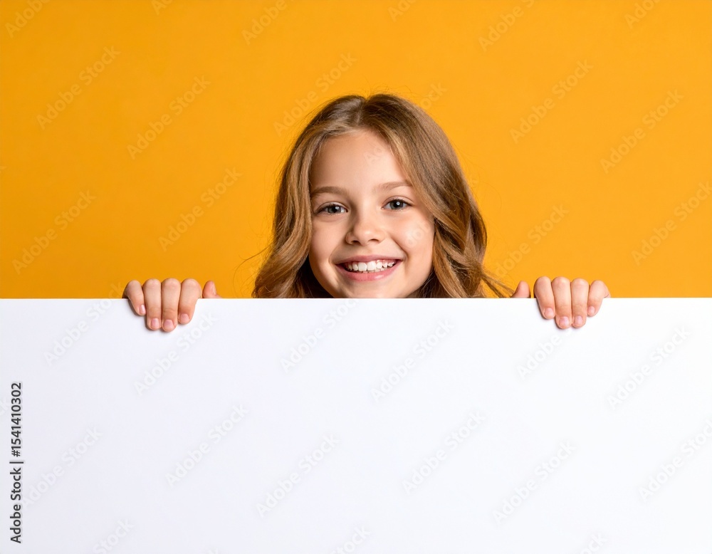 Smiling Girl Holding Blank White Board on Yellow Background Stock Photo ...
