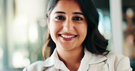 Poster - Happy, business woman and portrait with confidence at office for career opportunity or job. Female person, employee or lawyer with smile in pride for corporate profession at workplace or law firm