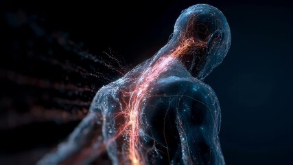 Poster - medical visualization highlighting glowing nerves tracing the origin of back pain in a human body, s