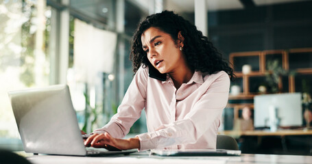Poster - Business woman, laptop and multitasking with phone call at office for finance review or schedule. Female person, accountant or financial advisor talking on mobile smartphone for project or update