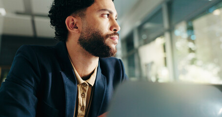 Poster - Thinking, laptop and businessman in office for planning, solution and problem solving for investment. Corporate, professional and person on computer for financial review, strategy and decision