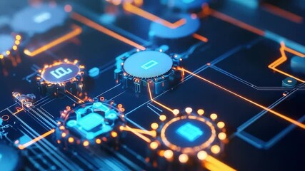 Poster - A futuristic close-up of a glowing circuit board with microchips and neon lines depicting advanced technology.