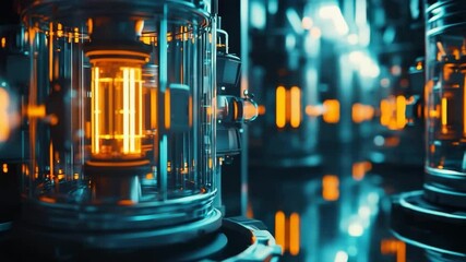 Aufkleber - A futuristic glowing energy core is housed inside sleek, cylindrical glass chambers in a high-tech laboratory setting.