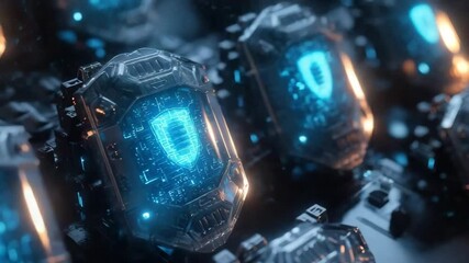 Poster - Futuristic computer chips with glowing blue shields represent cybersecurity technology and digital protection.