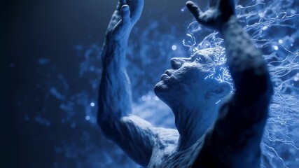 Poster - glowing neural network activity illuminates the prefrontal cortex of a male figure with raised arms,