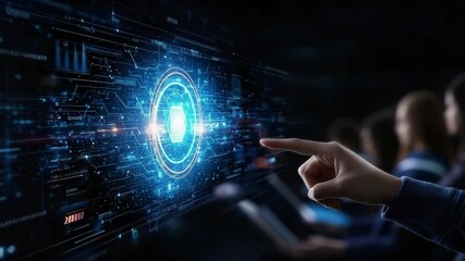 Poster - A hand touches a futuristic digital interface with a glowing lock symbol, representing cybersecurity or digital security technology.