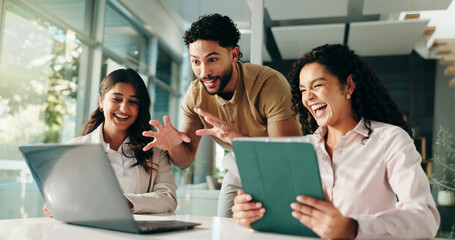 Poster - Laughing, meeting and colleagues with laptop, office and humor for project, collaboration and group. Happy, marketing coordinator and people with tablet for campaign, teamwork or employees with jokes