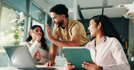 Poster - Group, happy business people and high five for success, celebration and finish project with tablet. Workers, team and victory with laptop in office for reward, collaboration and target achievement